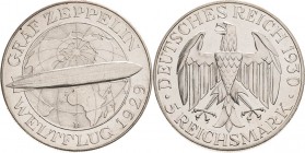 Gedenkausgaben
 5 Reichsmark 1930 D Zeppelin Jaeger 343 Vom polierten Stempel. Revers kl. Kratzer, vorzüglich-Stempelglanz