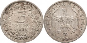 Gedenkausgaben
 3 Reichsmark 1931 A Kursmünze Jaeger 349 Vorzüglich-Stempelglanz