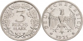 Gedenkausgaben
 3 Reichsmark 1931 G Kursmünze Jaeger 349 Randfehler, sehr schön-vorzüglich