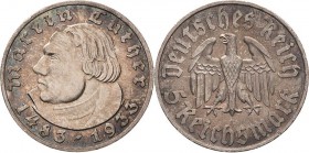 Gedenkausgaben
 5 Reichsmark 1933 A Luther Jaeger 353 Prachtvolles Exemplar mit herrlicher Patina. Fast Stempelglanz
