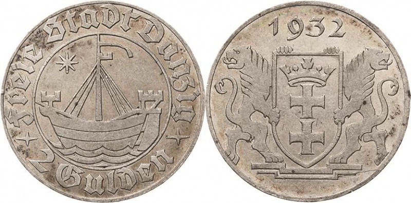 Ausgaben des Freistaates
 2 Gulden 1932. Kogge Jaeger D 16 Kl. Randfehler fast ...