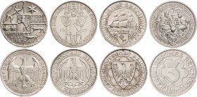 Weimarer Republik
Lot-4 Stück 3 Reichsmark - 1927 Bremerhaven, Nordhausen und Marburg, 1929 Meißen Sehr schön-vorzüglich+