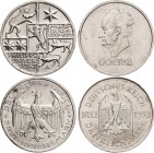Weimarer Republik
Lot-2 Stück 3 Reichsmark 1927 Marburg und 1932 E Goethe Vorzüglich-Stempelglanz und fast vorzüglich