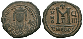 Byzantine Empire Mauricius Tiberius. Follis. 597-598 AD. Antioch. Reference : "Repatinated" Condition: Very Fine

Weight: 11.2 gr. Diameter: 28.2 mm...