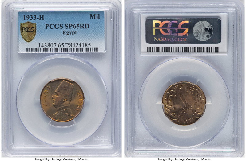 Fuad I Specimen Millieme AH 1352 (1933)-H SP65 Red PCGS, Heaton mint, KM344. HID...