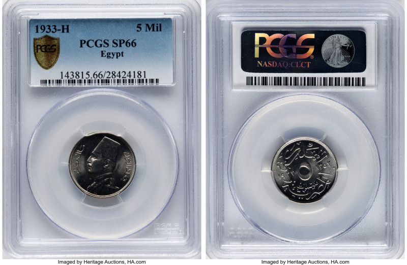 Fuad I Specimen 5 Milliemes AH 1352 (1933)-H SP66 PCGS, Heaton mint, KM346. HID0...