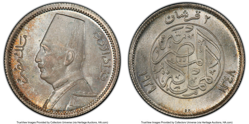 Fuad I 2 Piastres AH 1348 (1929)-BP MS65 PCGS, Budapest mint, KM348. From the Ar...