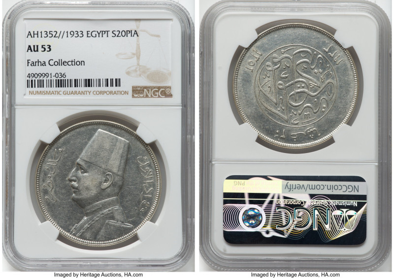 Fuad I 20 Piastres AH 1352 (1933) AU53 NGC, British Royal mint, KM352. Ex. Farha...