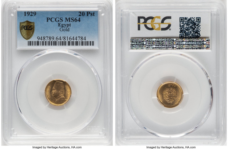 Fuad I gold 20 Piastres AH 1348 (1929) MS64 PCGS, Royal mint, KM351. First date ...