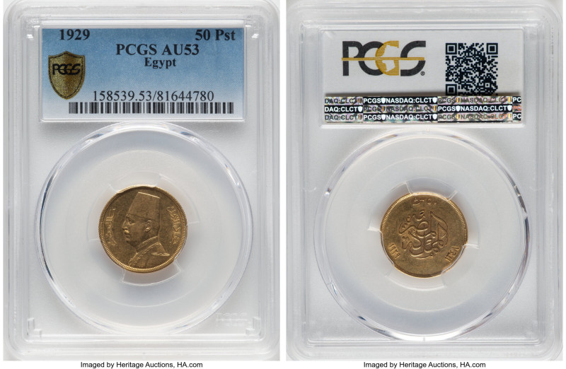 Fuad I gold 50 Piastres AH 1348 (1929) AU53 PCGS, British Royal Mint, KM353. Fro...