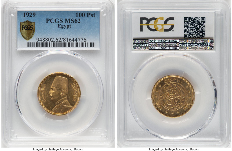 Fuad I gold 100 Piastres AH 1348 (1929) MS62 PCGS, British Royal Mint, KM354. Mi...