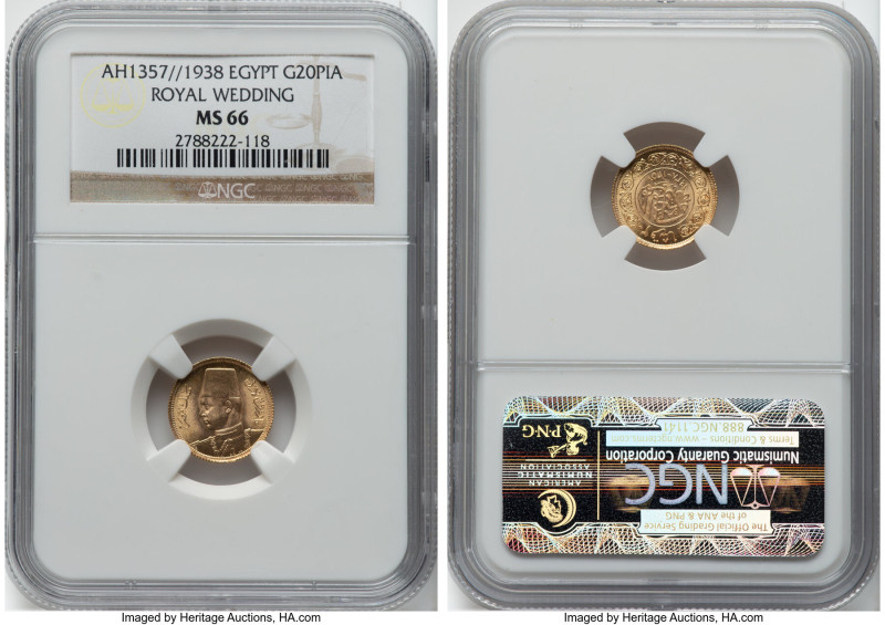 Farouk gold "Royal Wedding" 20 Piastres AH 1357 (1938) MS66 NGC, British Royal m...