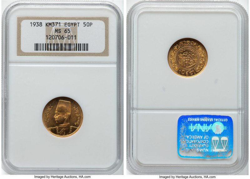 Farouk gold "Royal Wedding" 50 Piastres AH 1357 (1938) MS65 NGC, British Royal m...