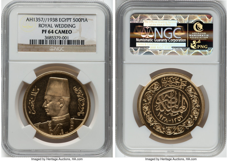 Farouk gold Proof "Royal Wedding" 500 Piastres AH 1357 (1938) PR64 Cameo NGC, Lo...