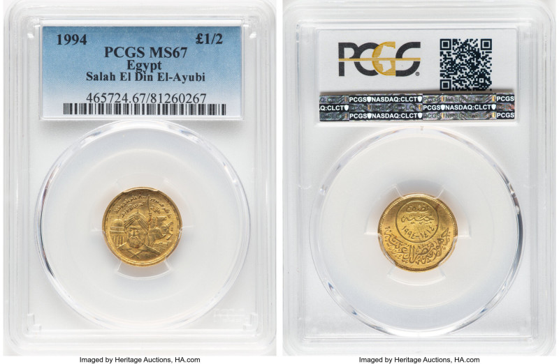 Arab Republic gold "Salah El Din El-Ayubi" 1/2 Pound AH 1414 (1994) MS67 PCGS, C...