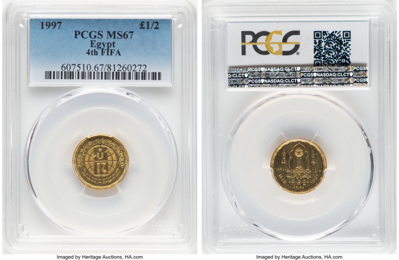 Arab Republic gold "4th U17 FIFA Championships" 1/2 Pound AH 1418 (1997) MS67 PC...
