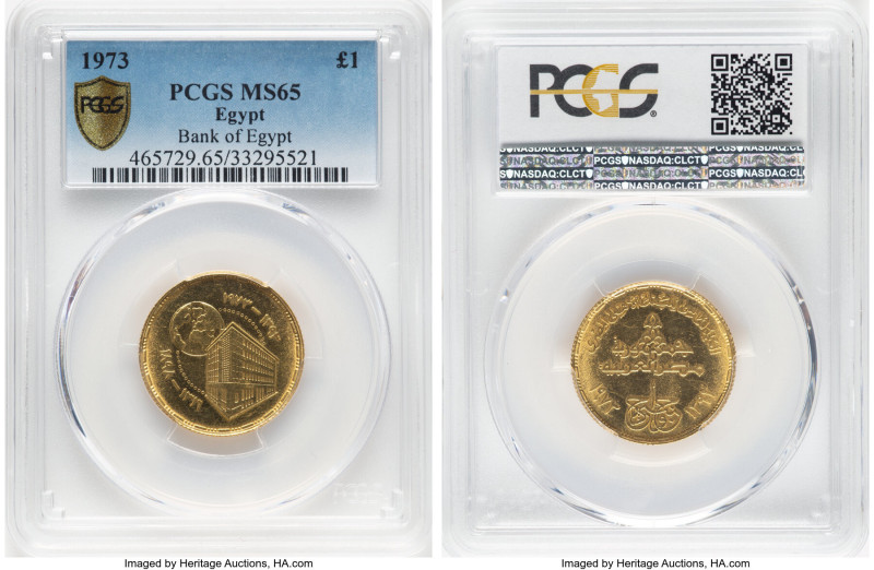 Arab Republic gold "Bank of Egypt" Pound AH 1393 (1973) MS65 PCGS, Cairo mint, K...