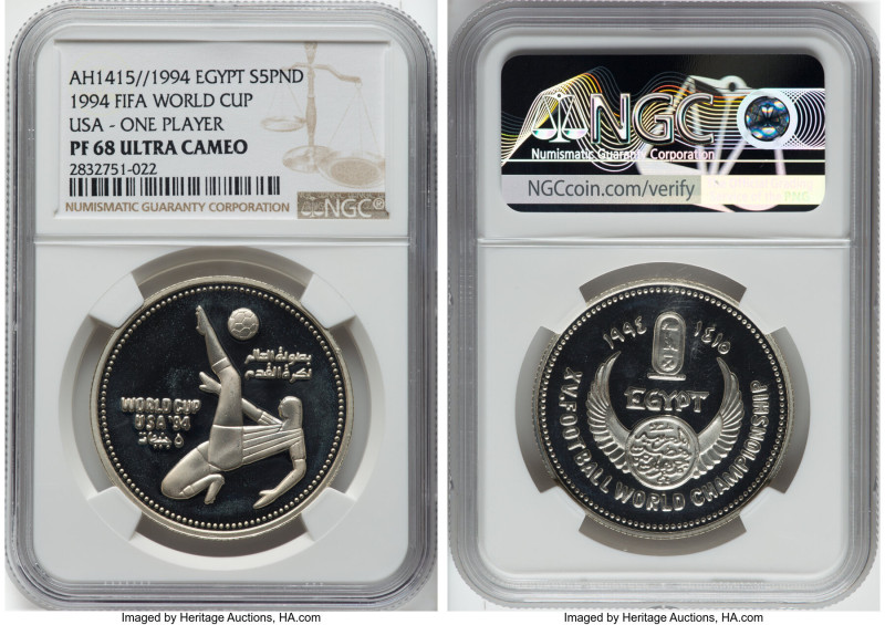 Arab Republic silver Proof "FIFA World Cup USA" 5 Pounds AH 1415 (1994) PR68 Ult...