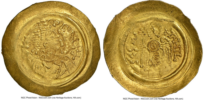 Lombards. Liutprand gold Tremissis ND (712-744) MS62 NGC, MEC I-322. 1.18gm. Res...