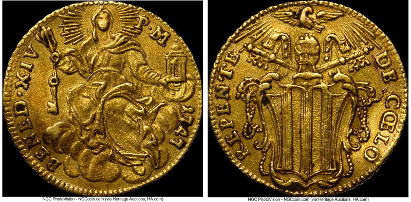 Papal States. Benedict XIV gold Zecchino 1747 AU55 NGC, Rome mint, KM943, Fr-231...