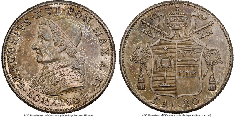 Papal States. Gregory XVI 20 Baiocchi Anno IV (1834)-R MS62 NGC, Rome mint, KM13...