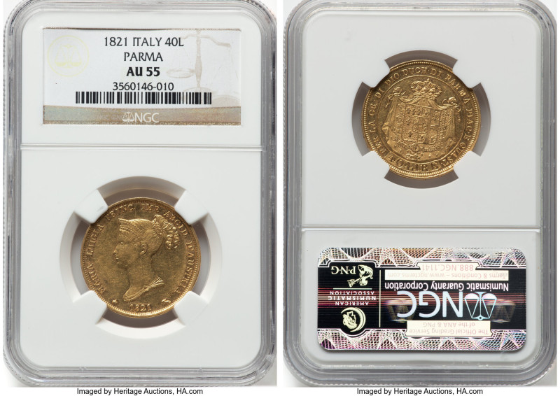 Parma. Maria Luigia gold 40 Lire 1821 AU55 NGC, Milan mint, KM-C32, Fr-933. Cond...