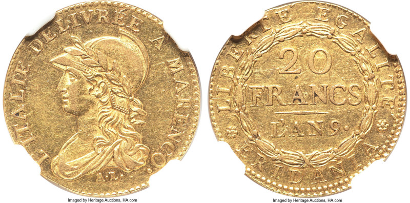 Piedmont Republic. Subalpine Republic gold 20 Francs L'An 9 (1800/1801) AU50 NGC...