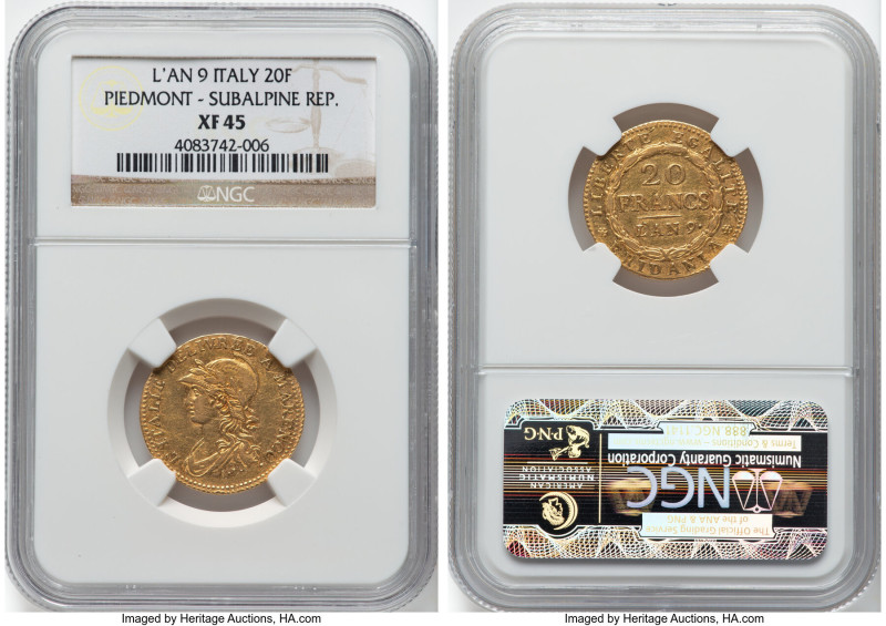 Piedmont Republic. Subalpine Republic gold 20 Francs L'An 9 (1800/1801) XF45 NGC...