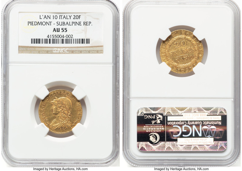 Piedmont Republic. Subalpine Republic gold 20 Francs L'An 10 (1801/1802) AU55 NG...