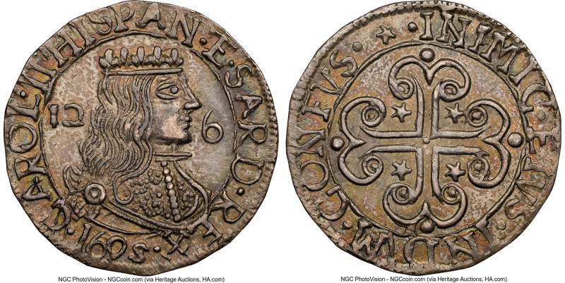 Sardinia. Carlos II of Spain 2-1/2 Reali 1695 AU58 NGC, KM25, MIR-86. A beautifu...