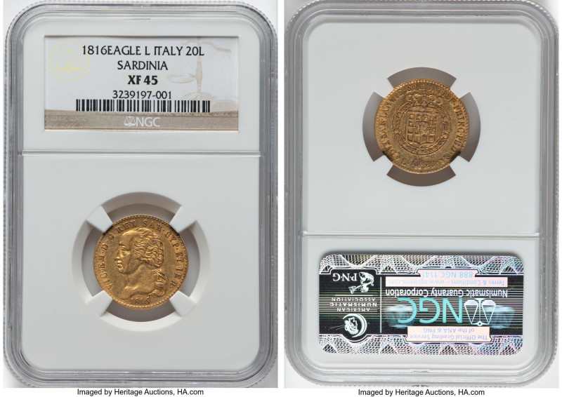 Sardinia. Vittorio Emanuele I gold 20 Lire 1816 (Eagle)-L XF45 NGC, Torino mint,...