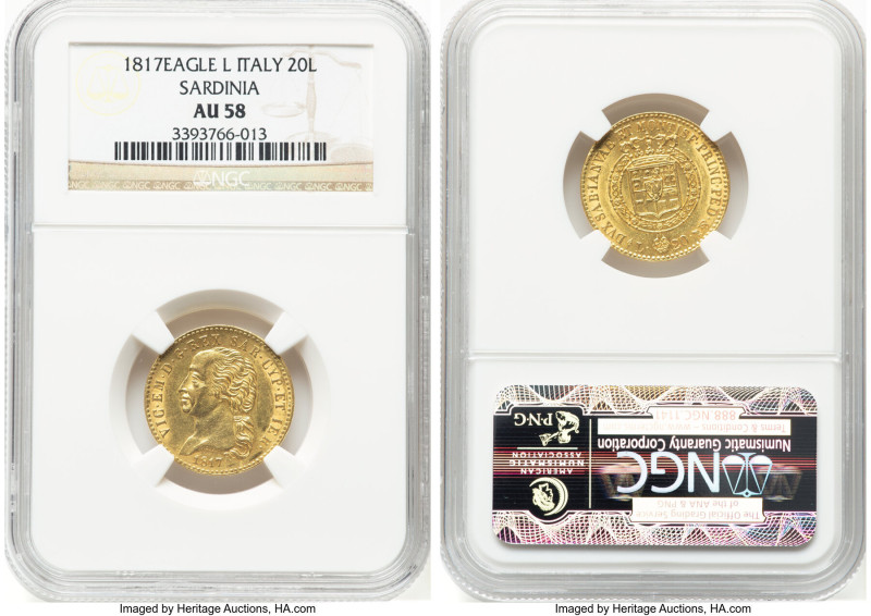 Sardinia. Vittorio Emanuele I gold 20 Lire 1817 (Eagle)-L AU58 NGC, Torino mint,...