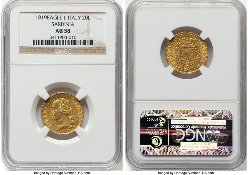 Sardinia. Vittorio Emanuele I gold 20 Lire 1819 (Eagle)-L AU58 NGC, Torino mint,...