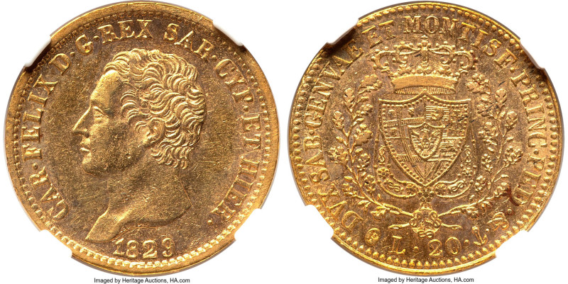 Sardinia. Carlo Felice gold 20 Lire 1829 (Anchor)-P AU55 NGC, Genoa mint, KM118....