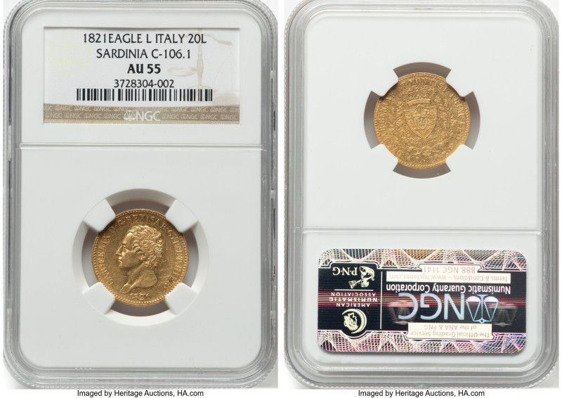 Sardinia. Carlo Felice gold 20 Lire 1821 (Eagle)-L AU55 NGC, Turin mint, KM118.1...