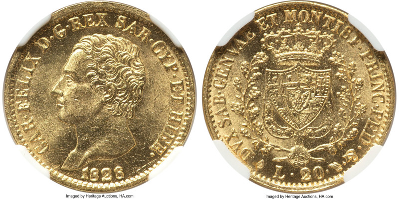 Sardinia. Carlo Felice gold 20 Lire 1828 (Eagle)-L MS64 NGC, Torino mint, KM118....