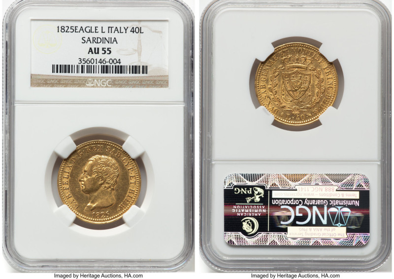 Sardinia. Carlo Felice gold 40 Lire 1825 (Eagle)-L AU55 NGC, Torino mint, KM120....