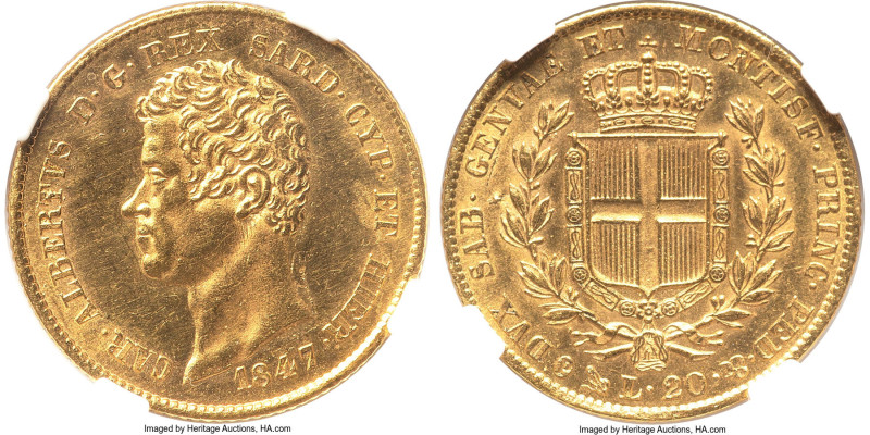 Sardinia. Carlo Alberto gold 20 Lire 1847 (Anchor)-P AU58 NGC, Genoa mint, KM131...