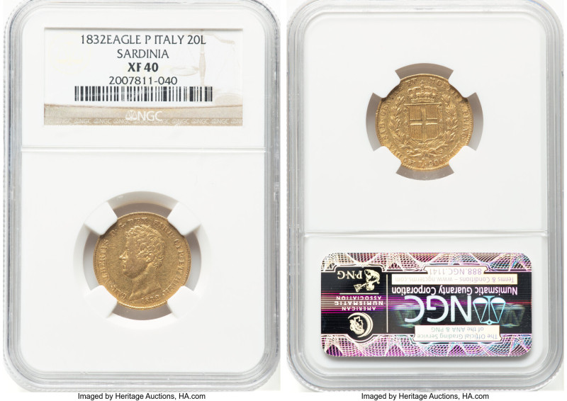 Sardinia. Carlo Alberto gold 20 Lire 1832 (Eagle)-P XF40 NGC, Torino mint, KM131...