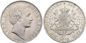BAYERN. Ludwig II., 1864 - 1886. Vereinstaler (18.53g). 1868, München. Kopf nach rechts, darunter Signatur C.VOIGT / Gekrönter Wappenschild, gehalten ...