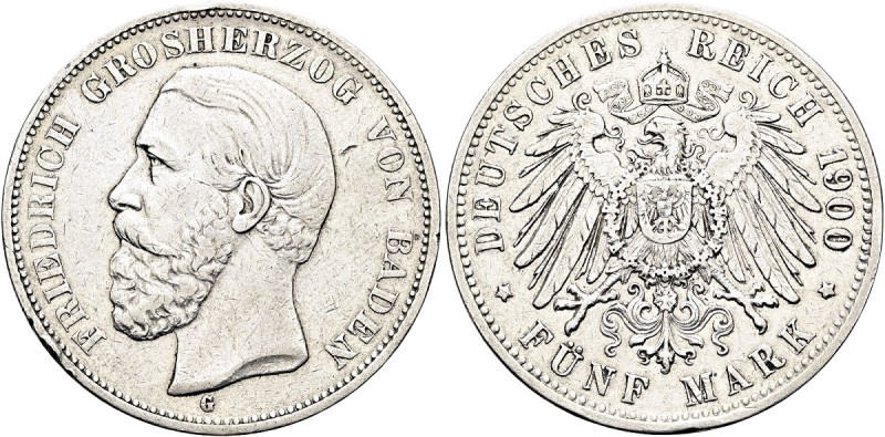 REICHSSILBERMÜNZEN. BADEN. Friedrich I., 1856-1907. 5 Mark (27.67g). 1900 G, Kar...