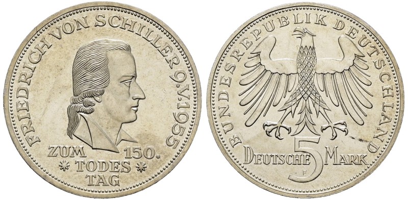 B R D. DM Währung bis 2001. 5 Deutsche Mark (11.20g). 1955 F. Auf den 150. Todes...