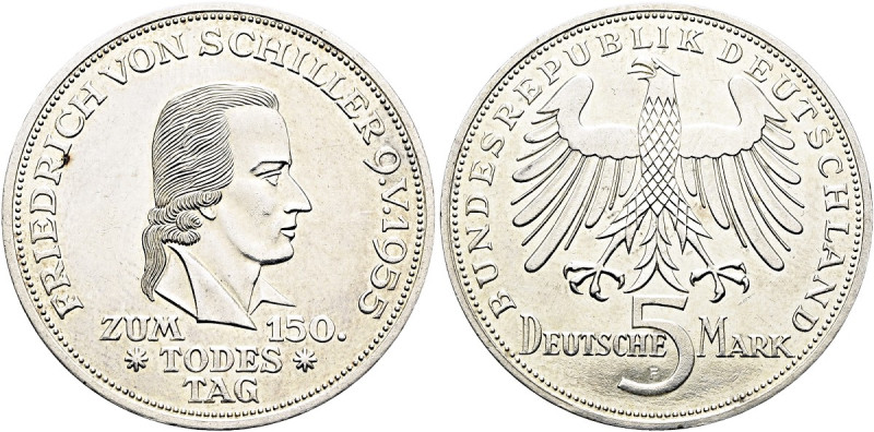 B R D. DM Währung bis 2001. 5 Deutsche Mark (11.21g). 1955 F, Stuttgart. Auf den...