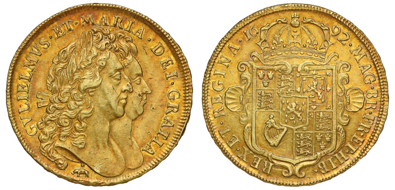 William and Mary (1688-94), gold Five Guineas, 1692, elephant and castle below, ...