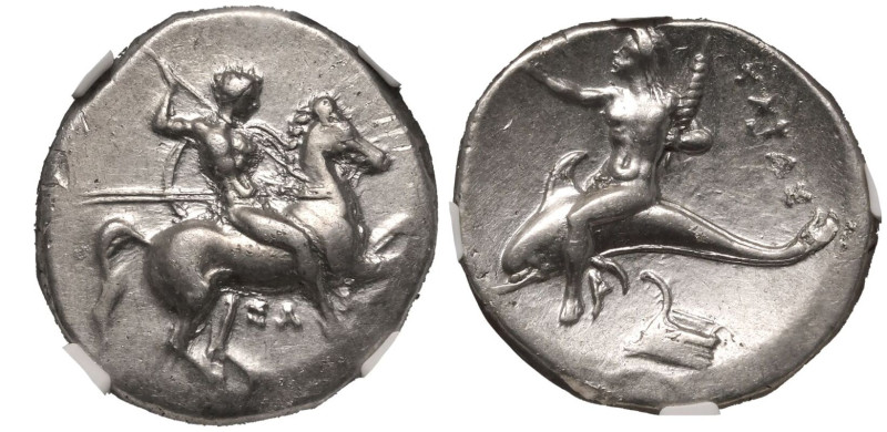 MAGNA GRAECIA. CALABRIA, TARENTUM. 
Silver Nomos, circa 290-281 BC. 
Sa-, magi...