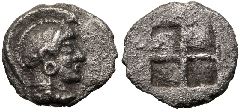 ANCIENT GREECE. MACEDON, AKANTHOS. 
Silver Diobol, circa 500-470 BC. 
Obv: hea...