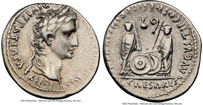 Augustus (27 BC-AD 14). AR denarius (19mm, 3.80 gm, 9h). NGC VF 4/5 - 4/5. Lugdu...