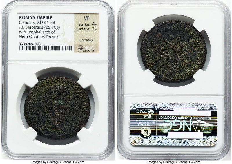 Claudius I (AD 41-54). AE sestertius (34mm, 25.70 gm, 7h). NGC VF 4/5 - 2/5, por...