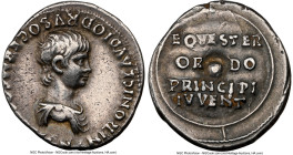 Nero, as Caesar (AD 54-68). AR denarius (18mm, 3.71 gm, 6h). NGC Choice VF 4/5 - 4/5, brushed. Rome, AD 51. NERONI CLAVDIO DRVSO GERM COS DESIGN, bare...