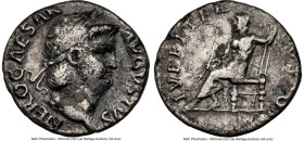 Nero, as Augustus (AD 54-68). AR denarius (17mm, 6h). NGC Fine, scratches. Rome, ca. AD 67/8. IMP NERO CAESAR-AVG P P, laureate head of Nero right / I...